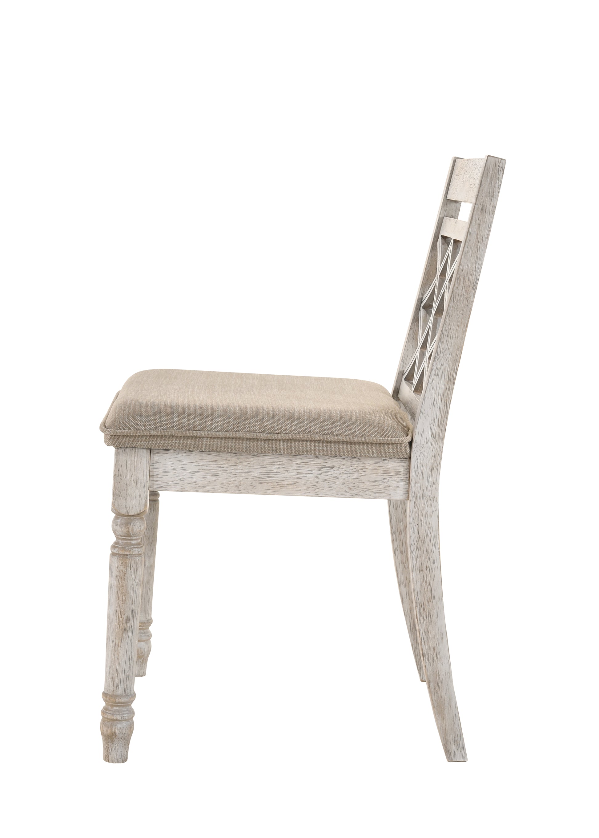 Rustic distressed wood dining chair with beige upholstered seat and crisscross back detail