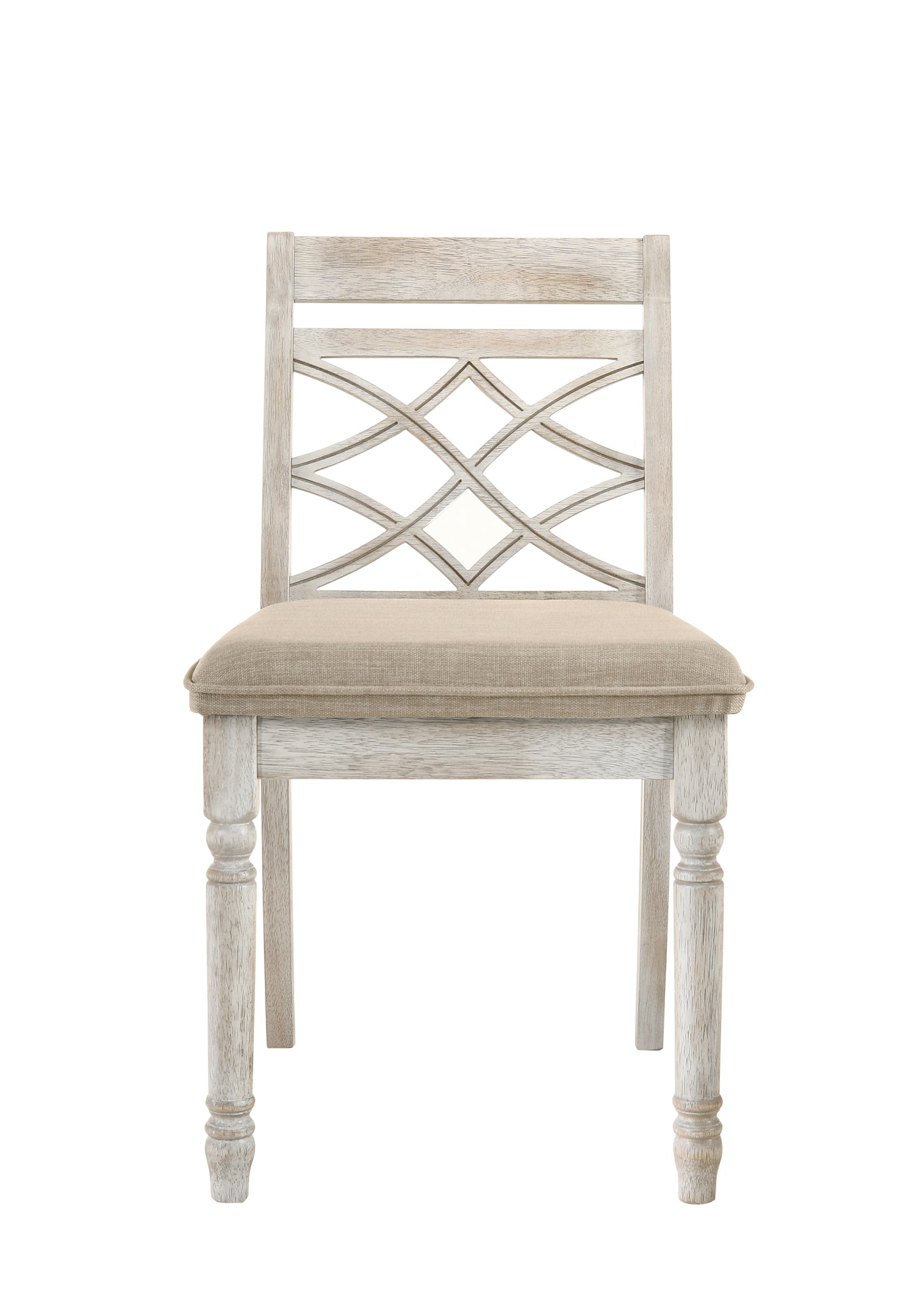 Whitewashed wood dining chair with a diamond lattice back and beige upholstered seat