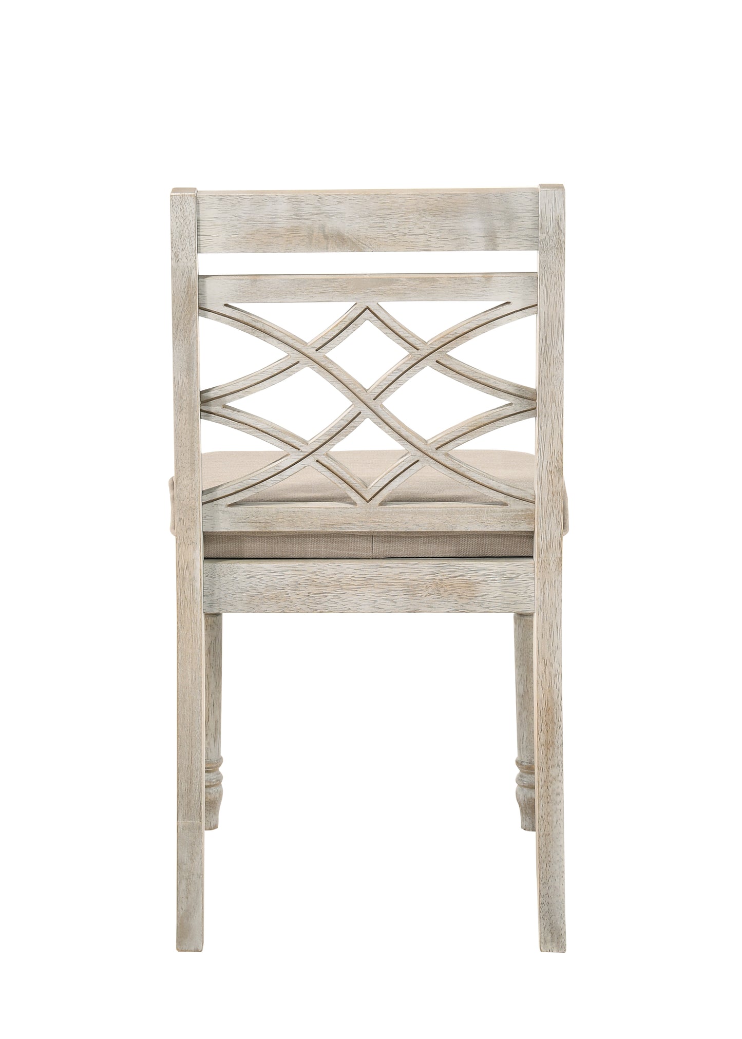 Distressed whitewash wooden dining chair with intricate diamond backrest and neutral upholstered seat