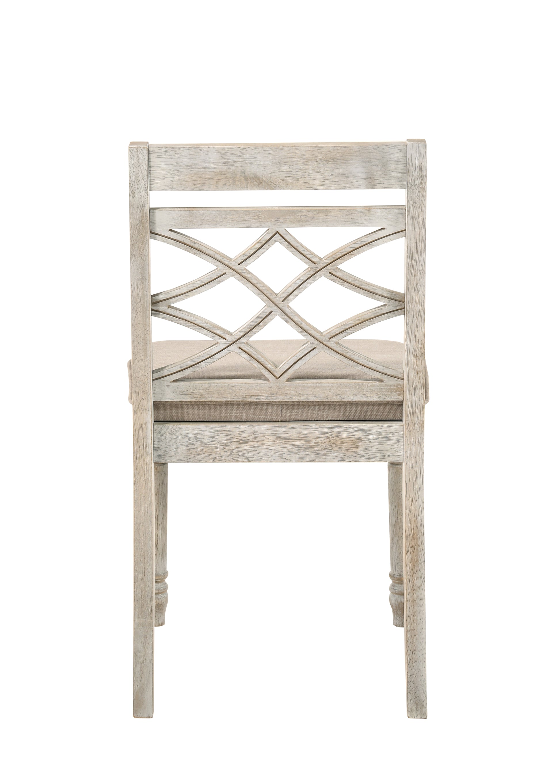 Distressed whitewash wooden dining chair with intricate diamond backrest and neutral upholstered seat