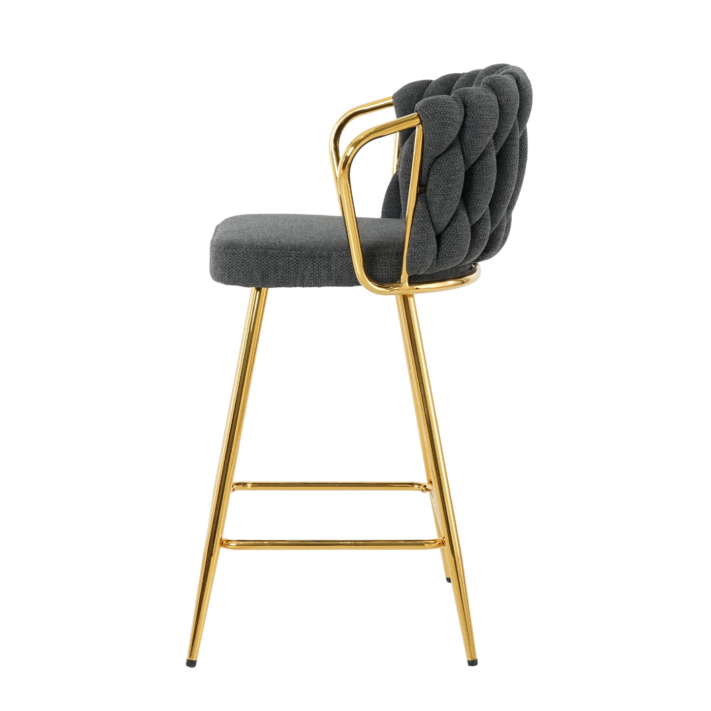 Dark grey upholstered bar stool with braided back and polished gold metal legs