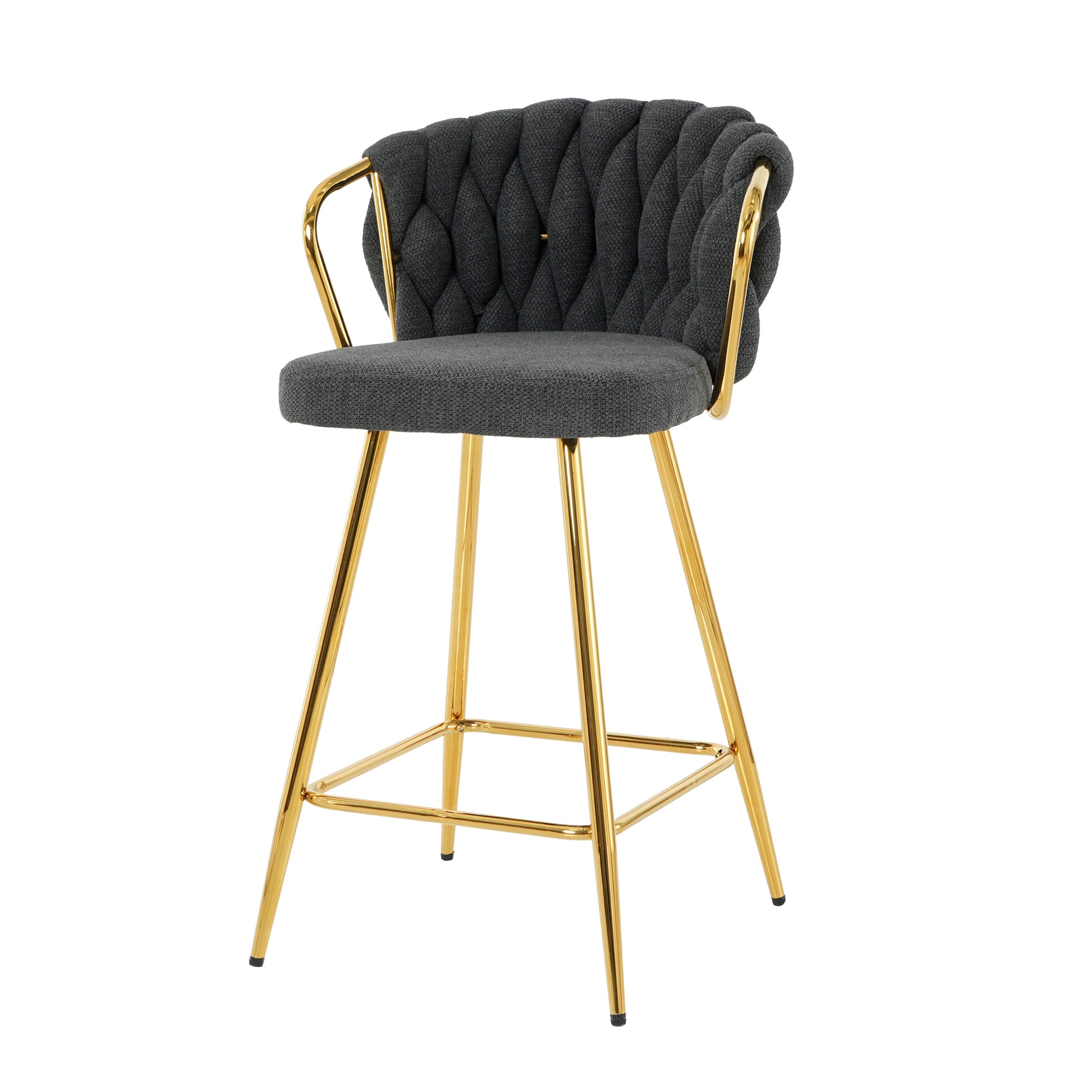 Dark gray tufted bar stool with gold metal legs and armrests modern kitchen seating