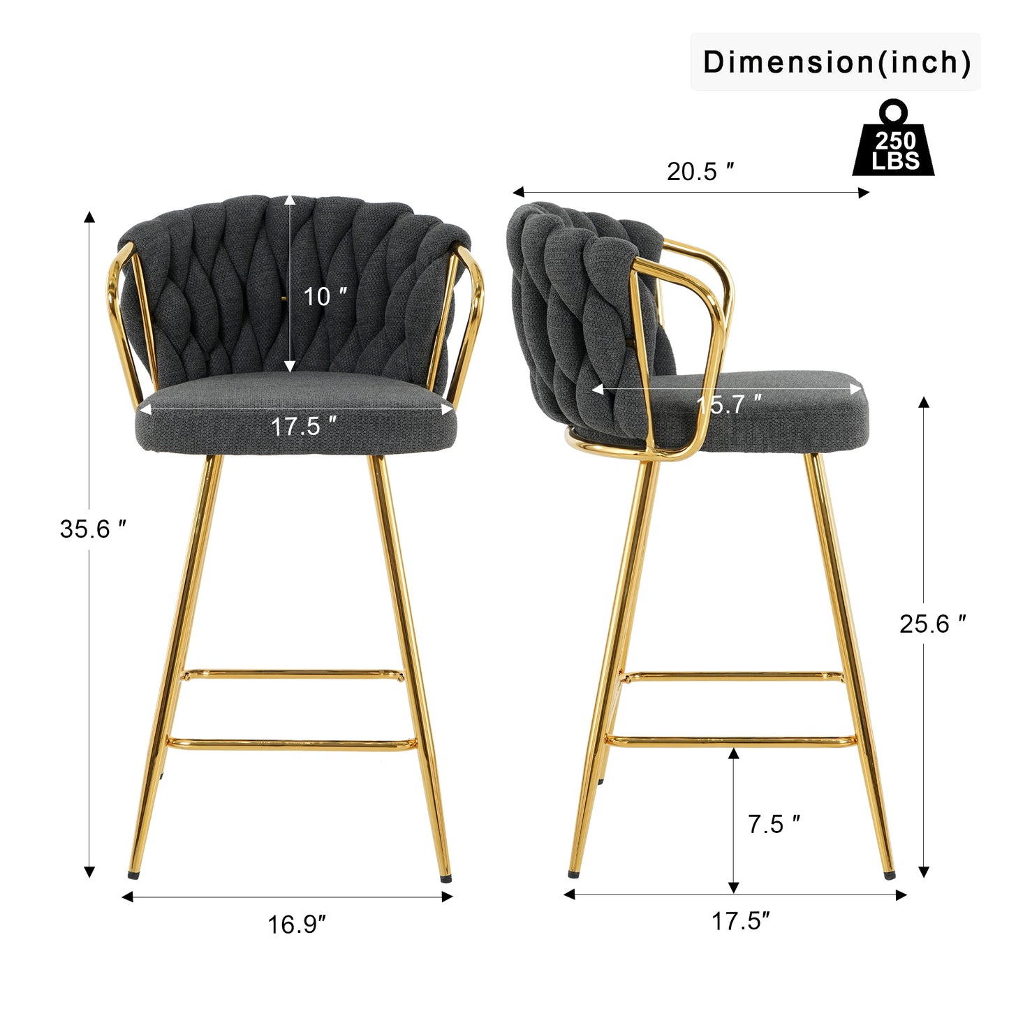 Dark gray upholstered bar stool with intricate woven back and gold metal legs