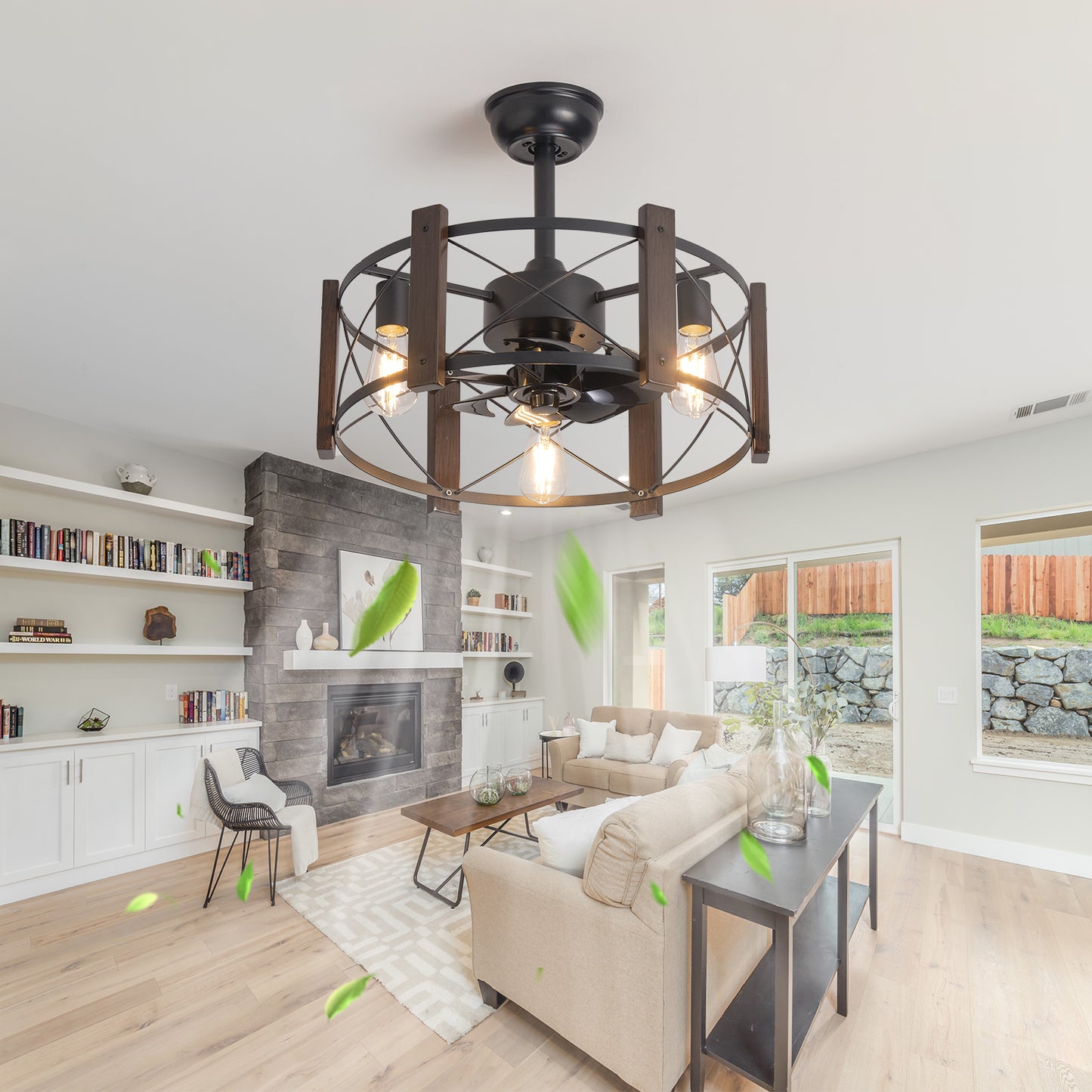 Industrial style ceiling fan with dark wood accents and four Edison bulbs