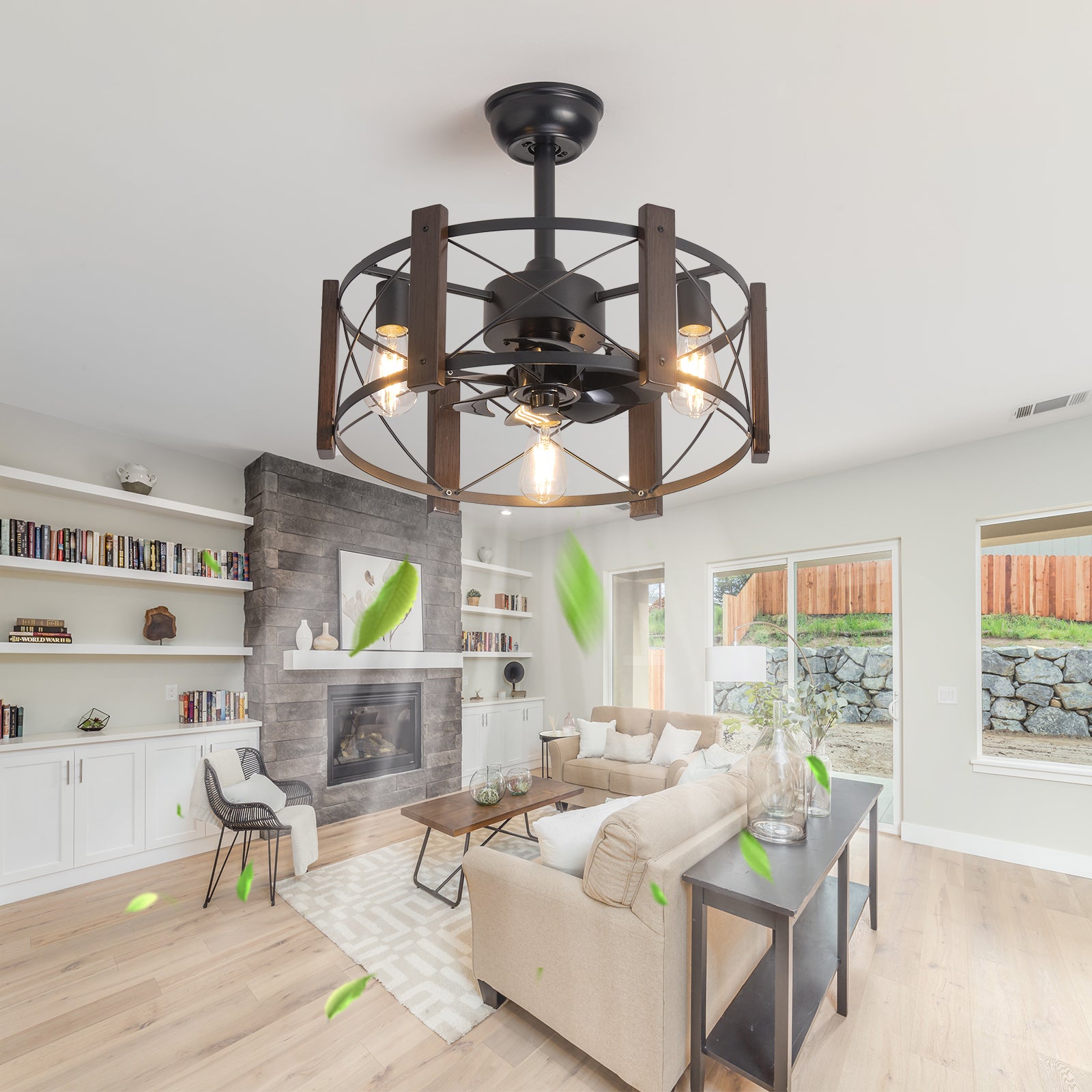 Industrial style ceiling fan with dark wood accents and four Edison bulbs