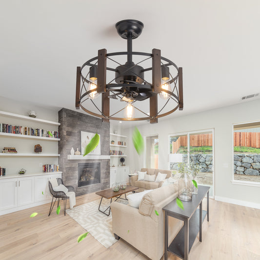 Industrial style ceiling fan with dark wood accents and four Edison bulbs