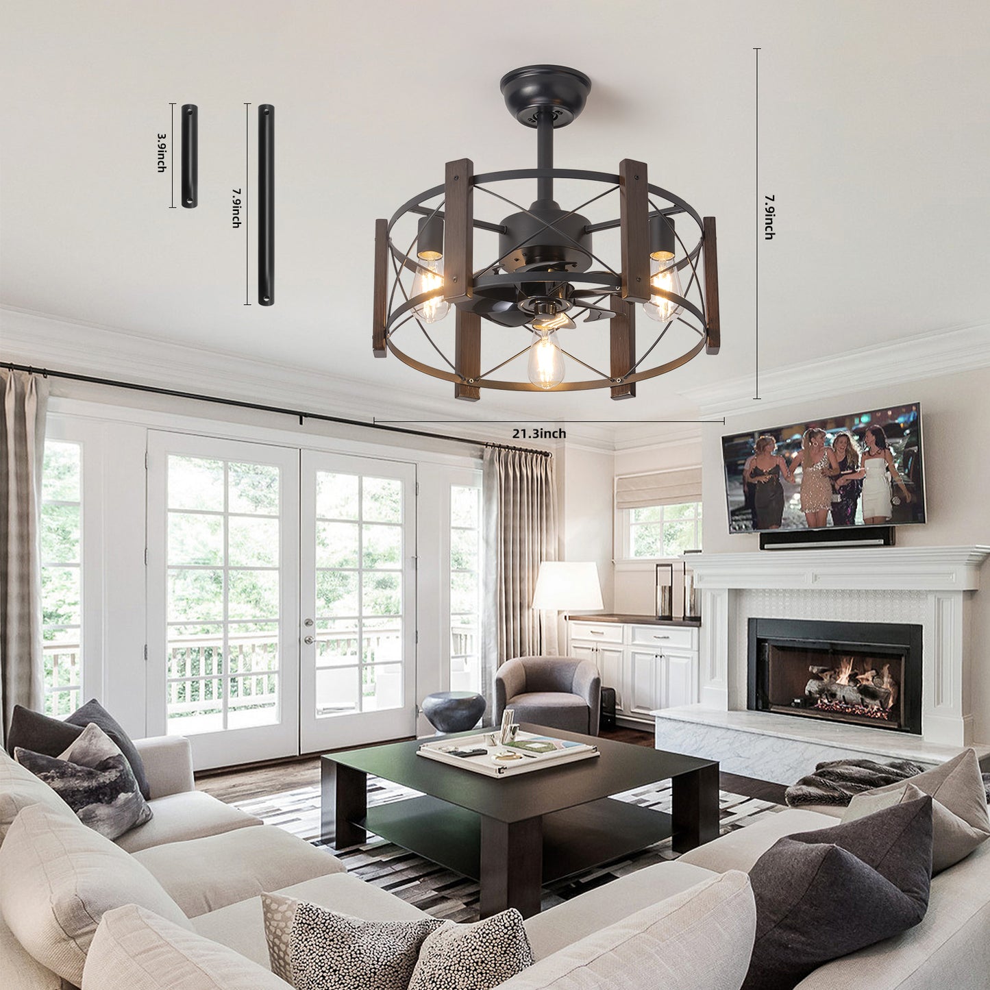 Rustic black metal ceiling fan with wood accents  inches wide for living rooms