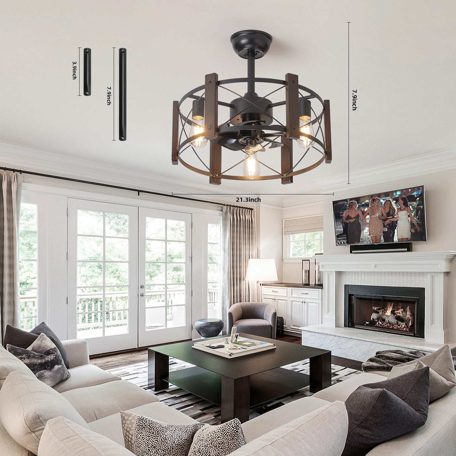 Rustic black metal ceiling fan with wood accents  inches wide for living rooms