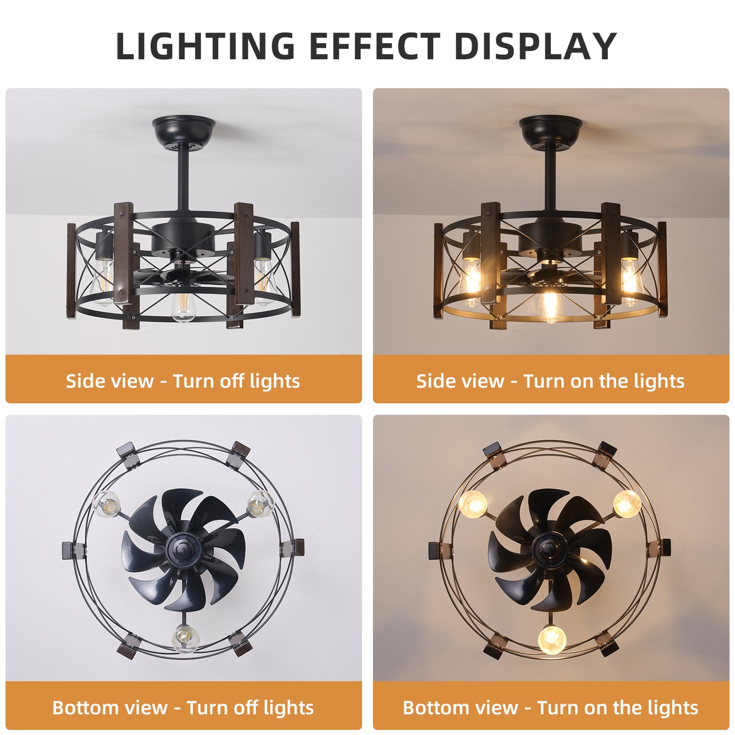 Farmhouse style ceiling fan with wooden accents and black metal finish lights off