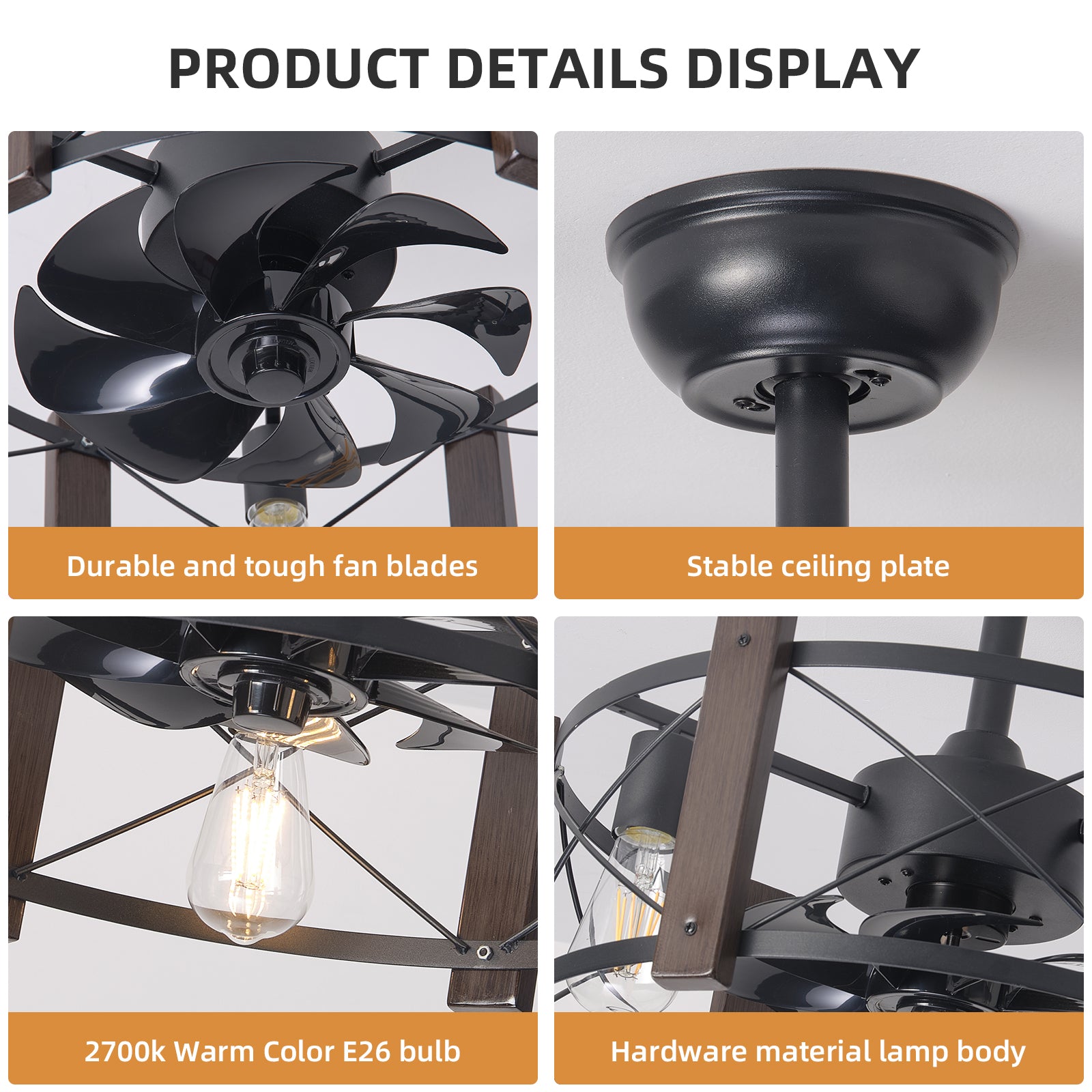Black durable fan blades with curved design on a modern ceiling fan