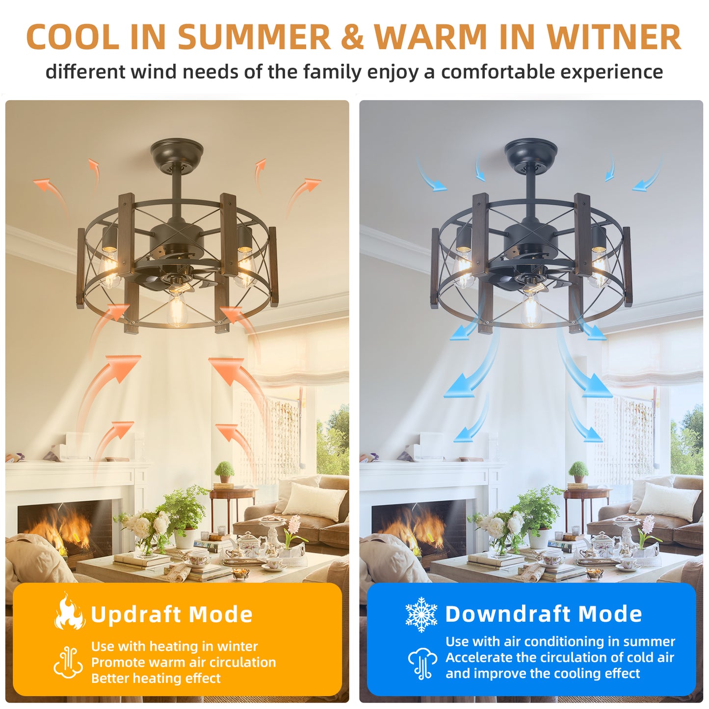 Rustic farmhouse ceiling fan with wood accents and integrated lights