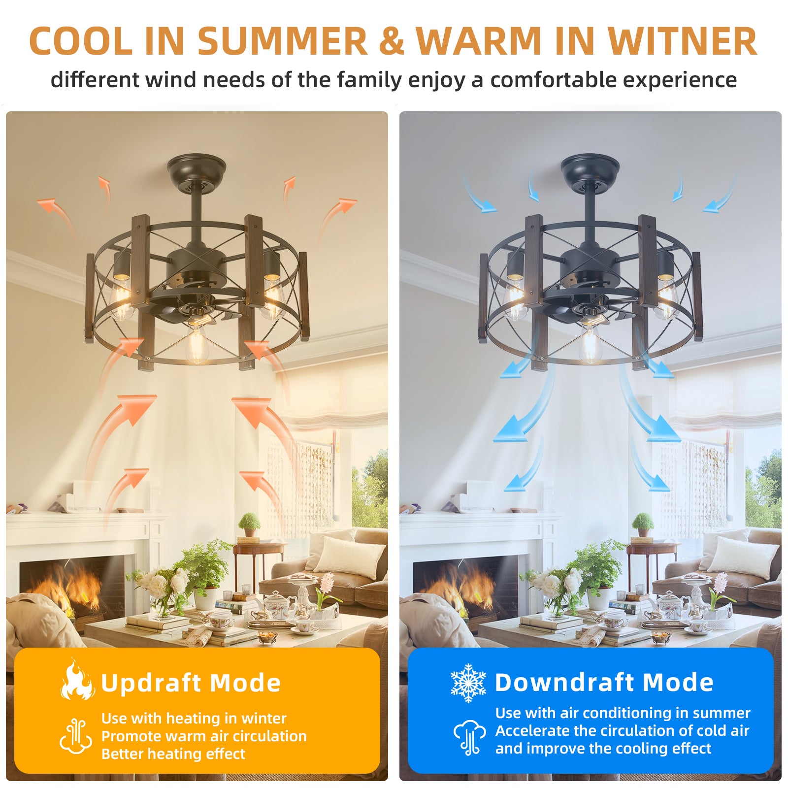 Rustic farmhouse ceiling fan with wood accents and integrated lights