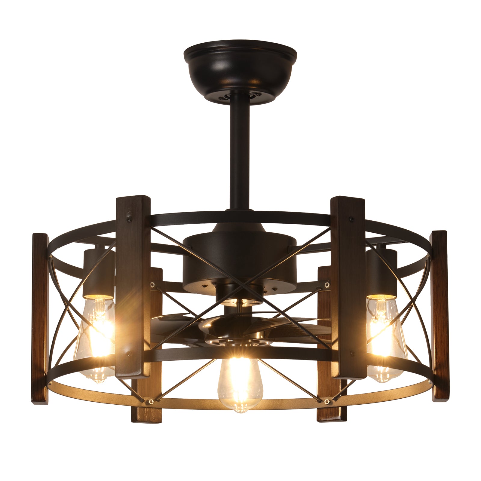 Rustic farmhouse ceiling fan with four Edison bulbs and dark wood accents