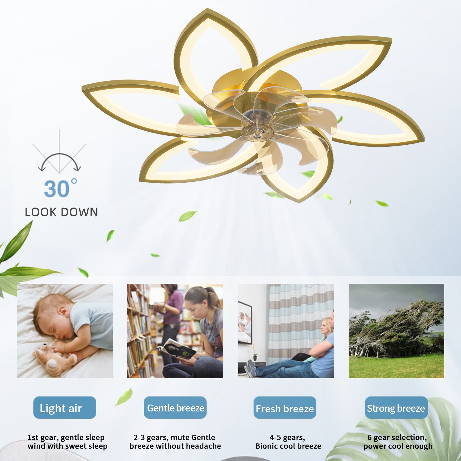 Gold lotusshaped ceiling fan with integrated LED lights and adjustable airflow