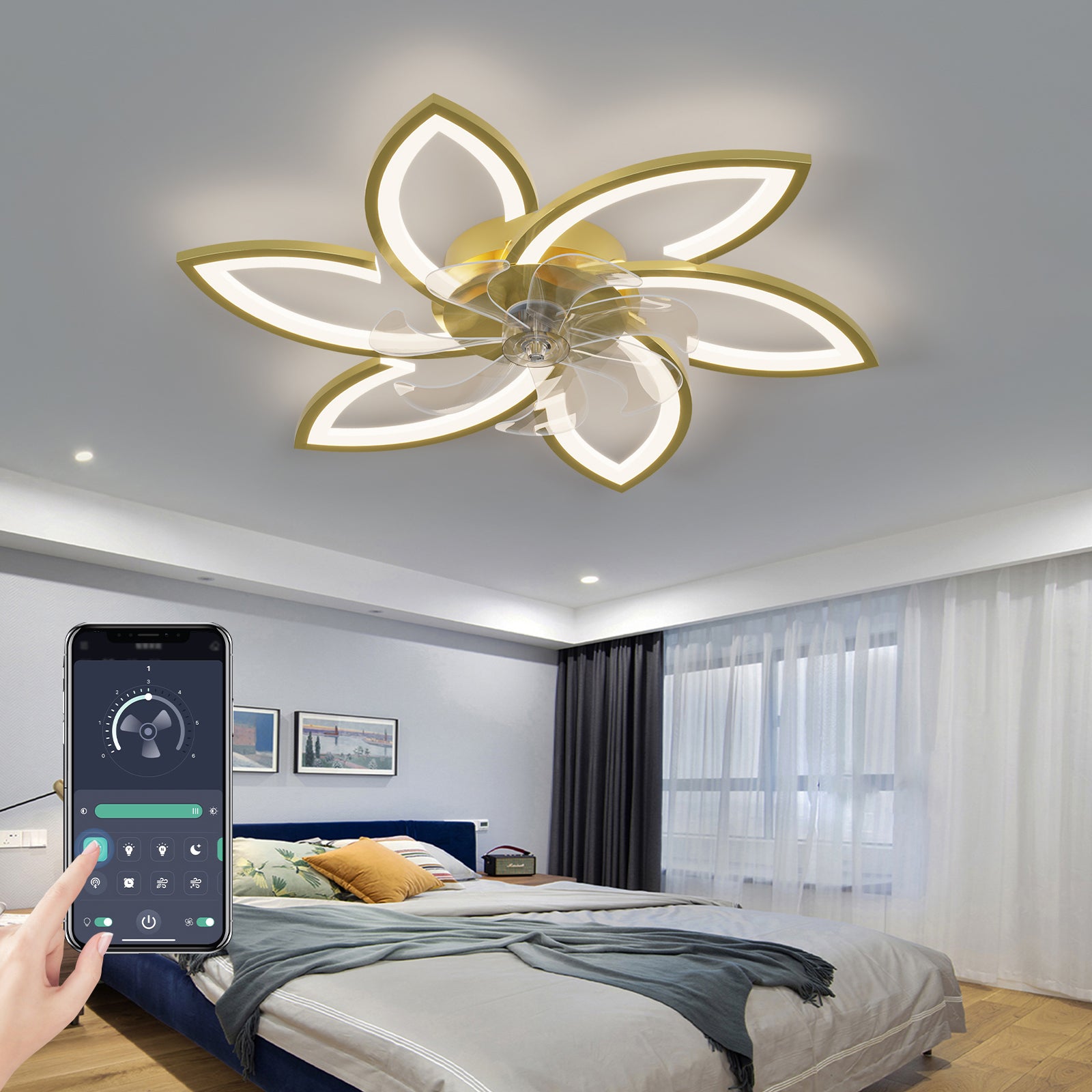 Modern gold ceiling fan light with a flowershaped design and LED lighting controlled by smartphone