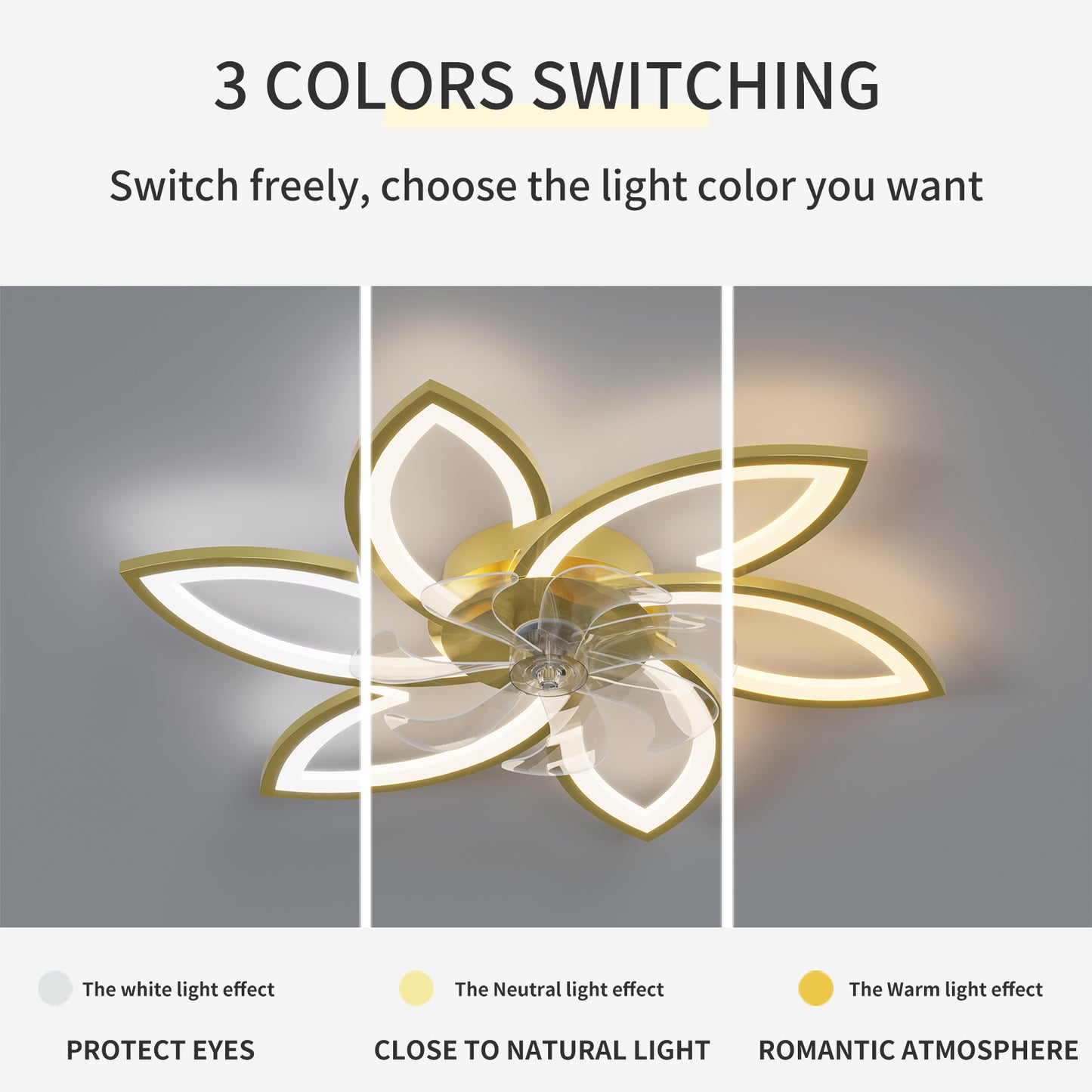 Gold lotusshaped ceiling fan with  color switching modes