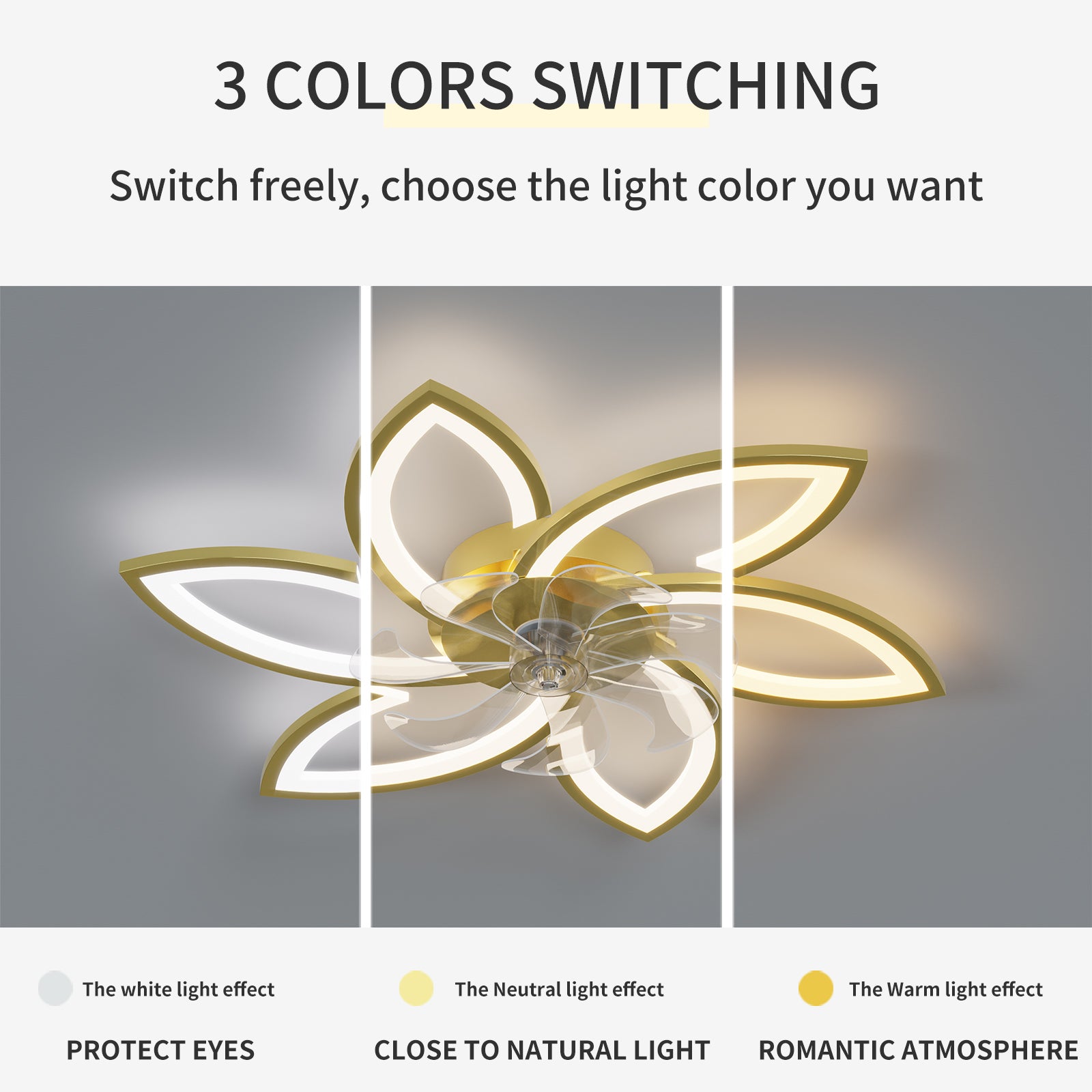 Gold lotusshaped ceiling fan with  color switching modes