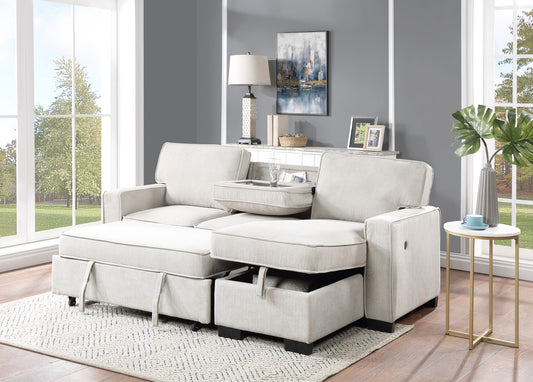 Light beige fabric sectional sofa with chaise and hidden storage compartments