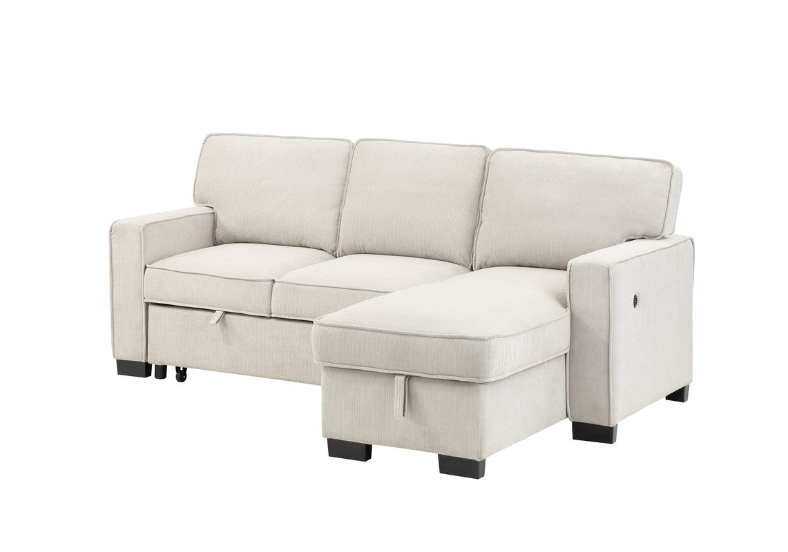 Cream sectional sofa with chaise lounge featuring storage and recliner controls