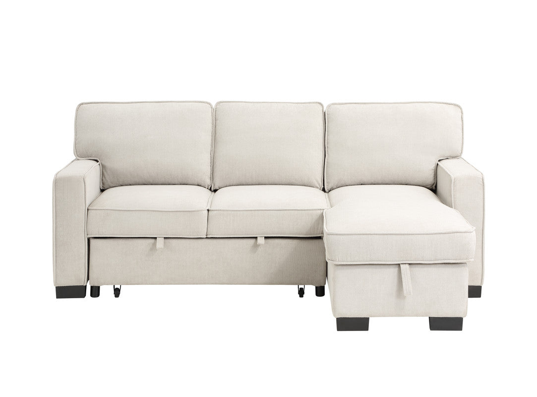 Cream fabric sectional sofa with chaise lounge and hidden storage compartments