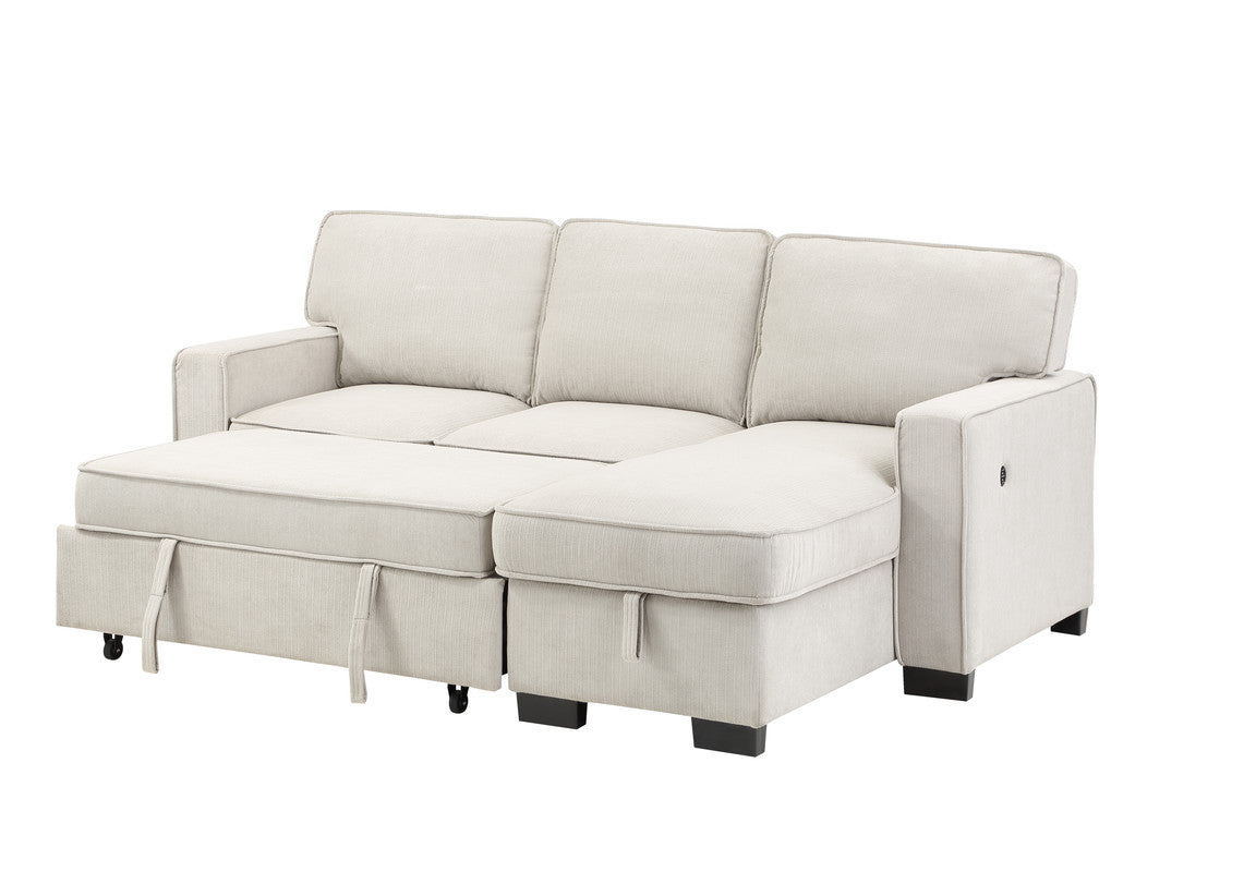 Cream sectional sofa with chaise and pullout bed for compact living spaces