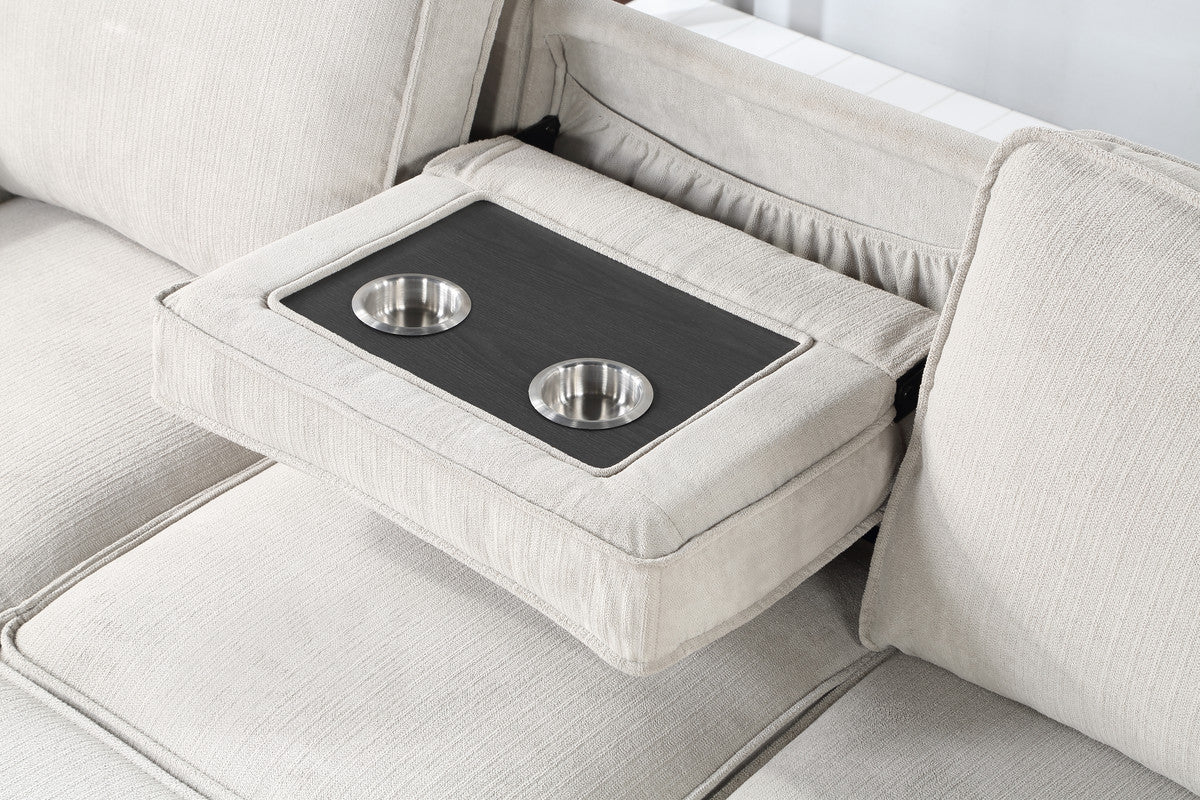 Comfortable beige fabric sofa with builtin dark wood tray and two cup holders for home theater enjoyment