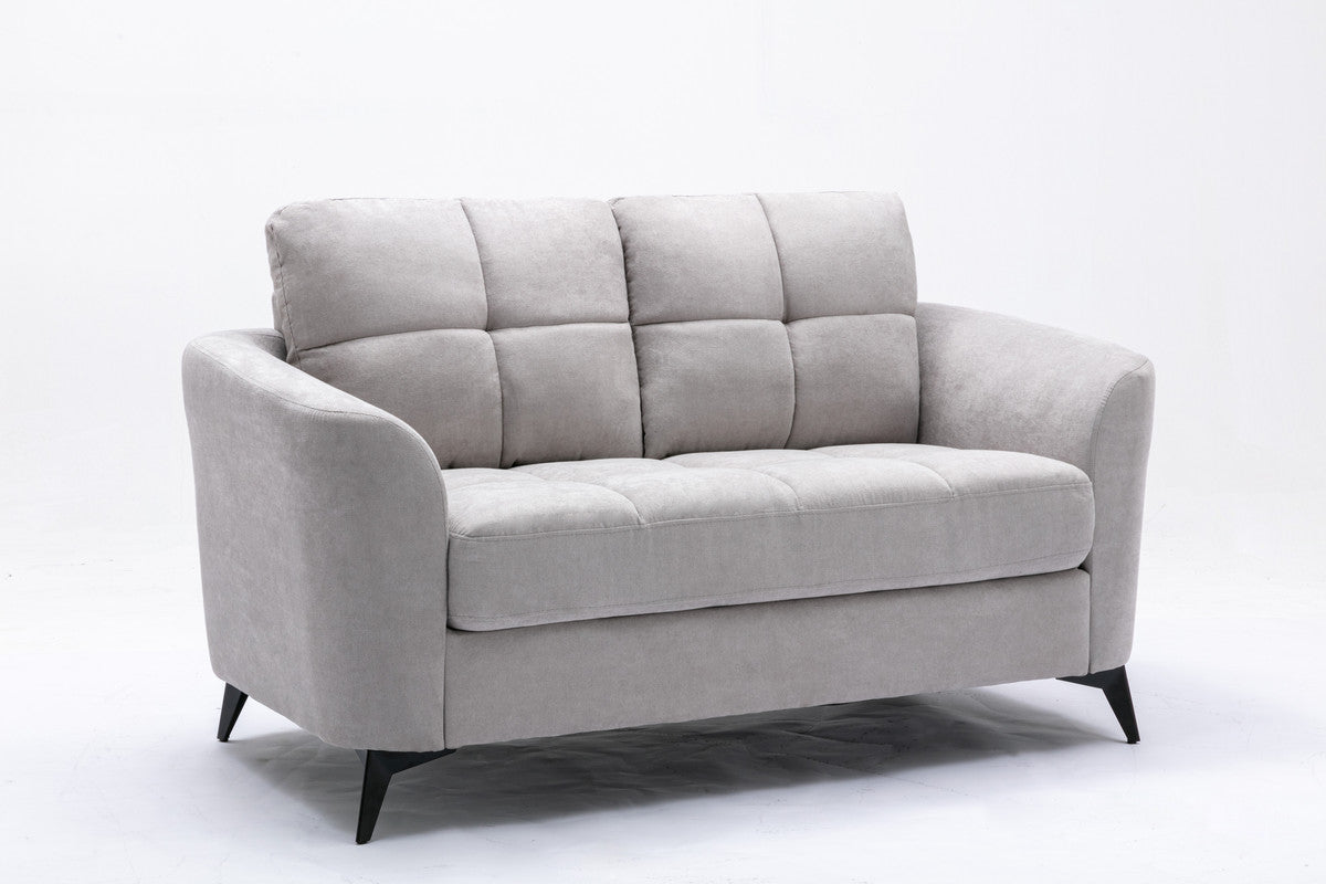 Modern light grey upholstered loveseat with tufted cushions and black tapered legs