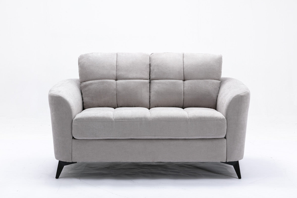 Light gray upholstered loveseat with tufted cushions and black angled legs