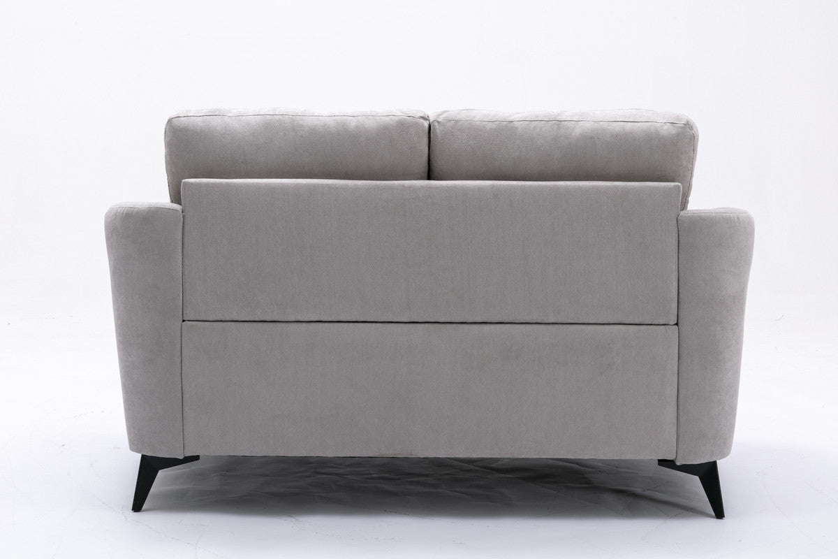 Grey fabric loveseat with clean lines and tapered black legs
