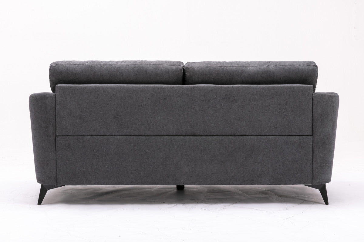 Dark gray fabric loveseat with padded back and slanted arms on black legs