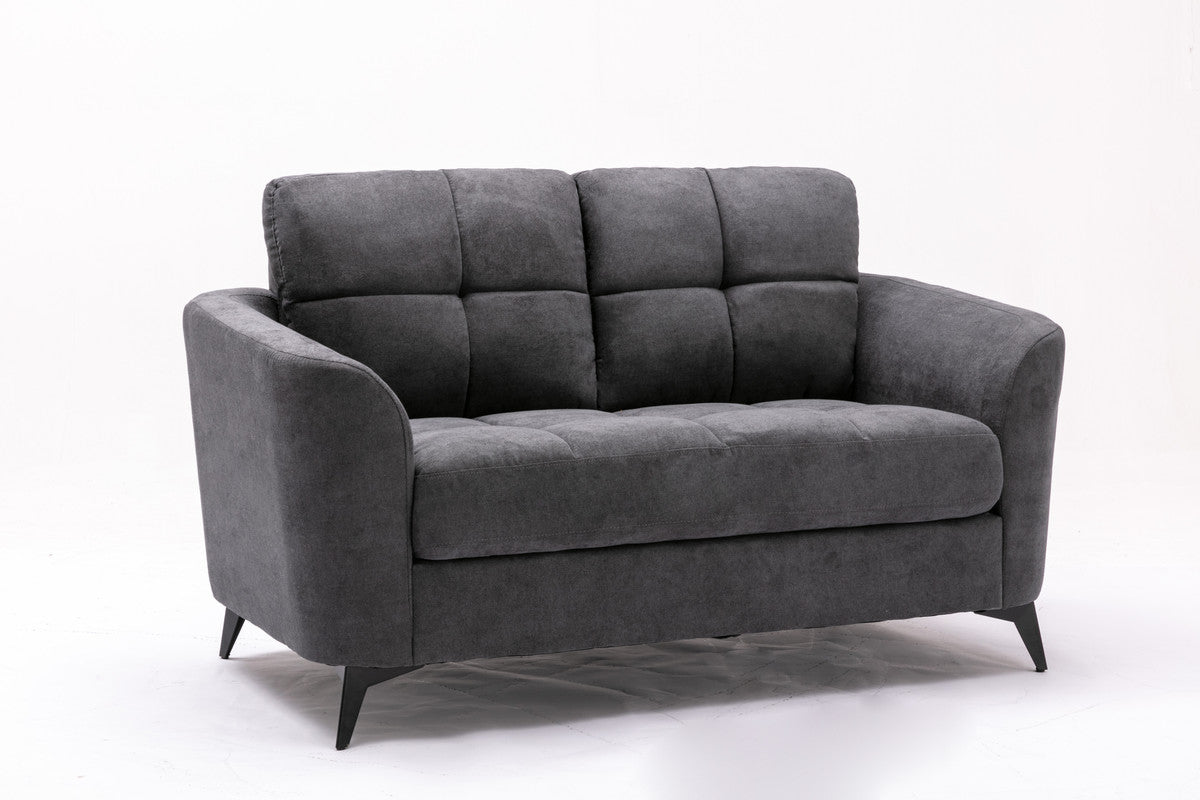 Tufted dark gray fabric loveseat with modern black legs perfect for small spaces