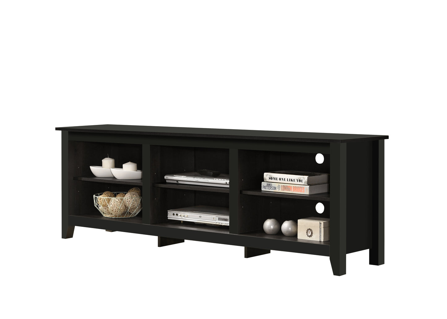 Black media console with multiple shelves and compartments for media storage