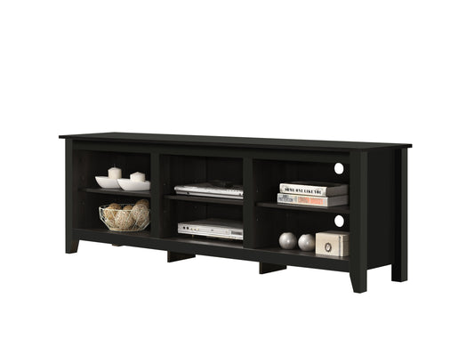 Black media console with multiple shelves and compartments for media storage