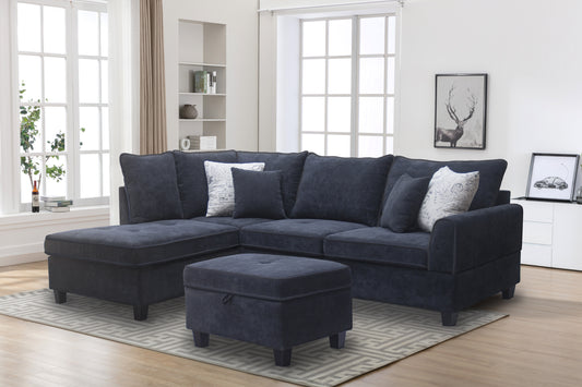 Dark navy fabric sectional sofa with ottoman perfect for living rooms