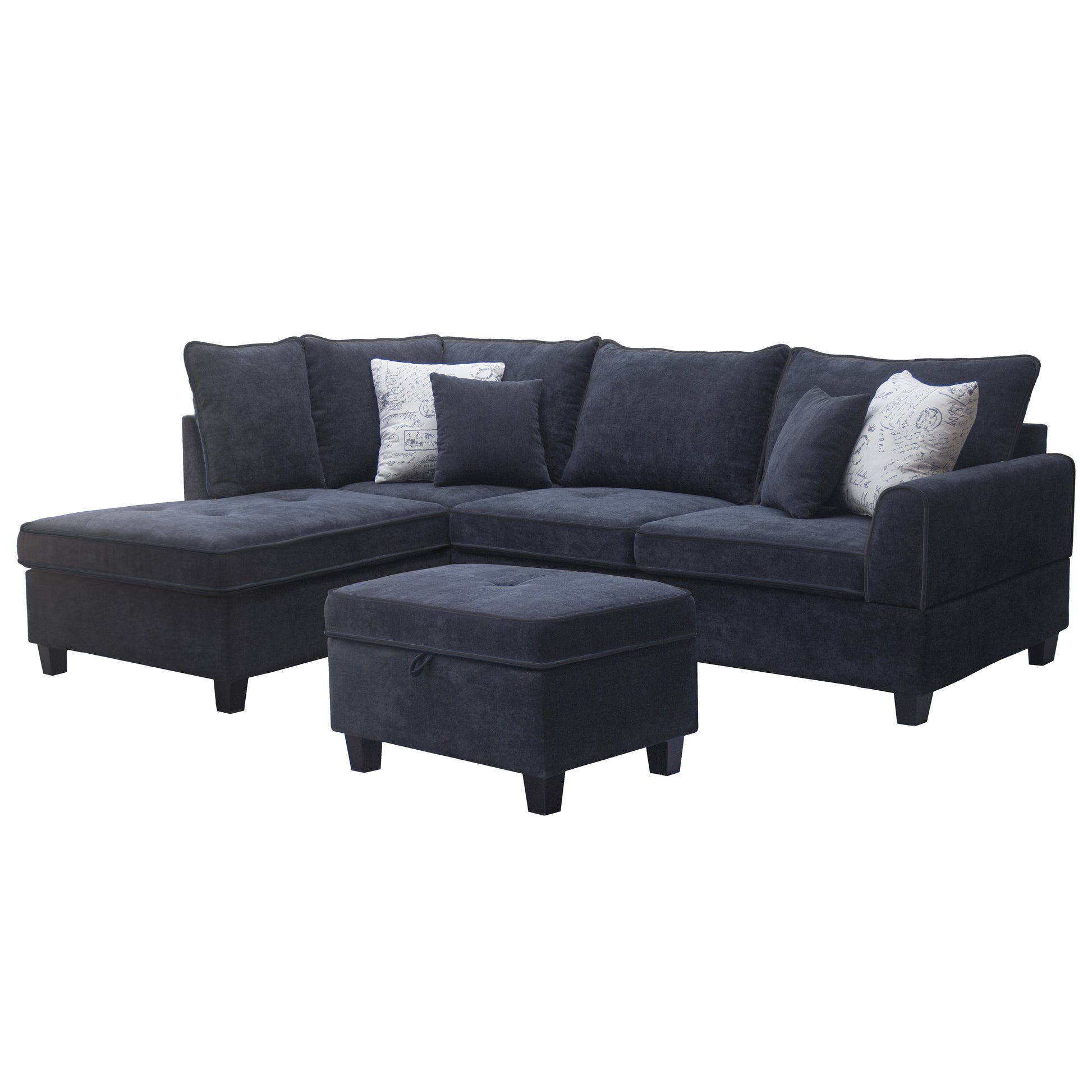 Dark charcoal sectional sofa with tufted ottoman and decorative pillows