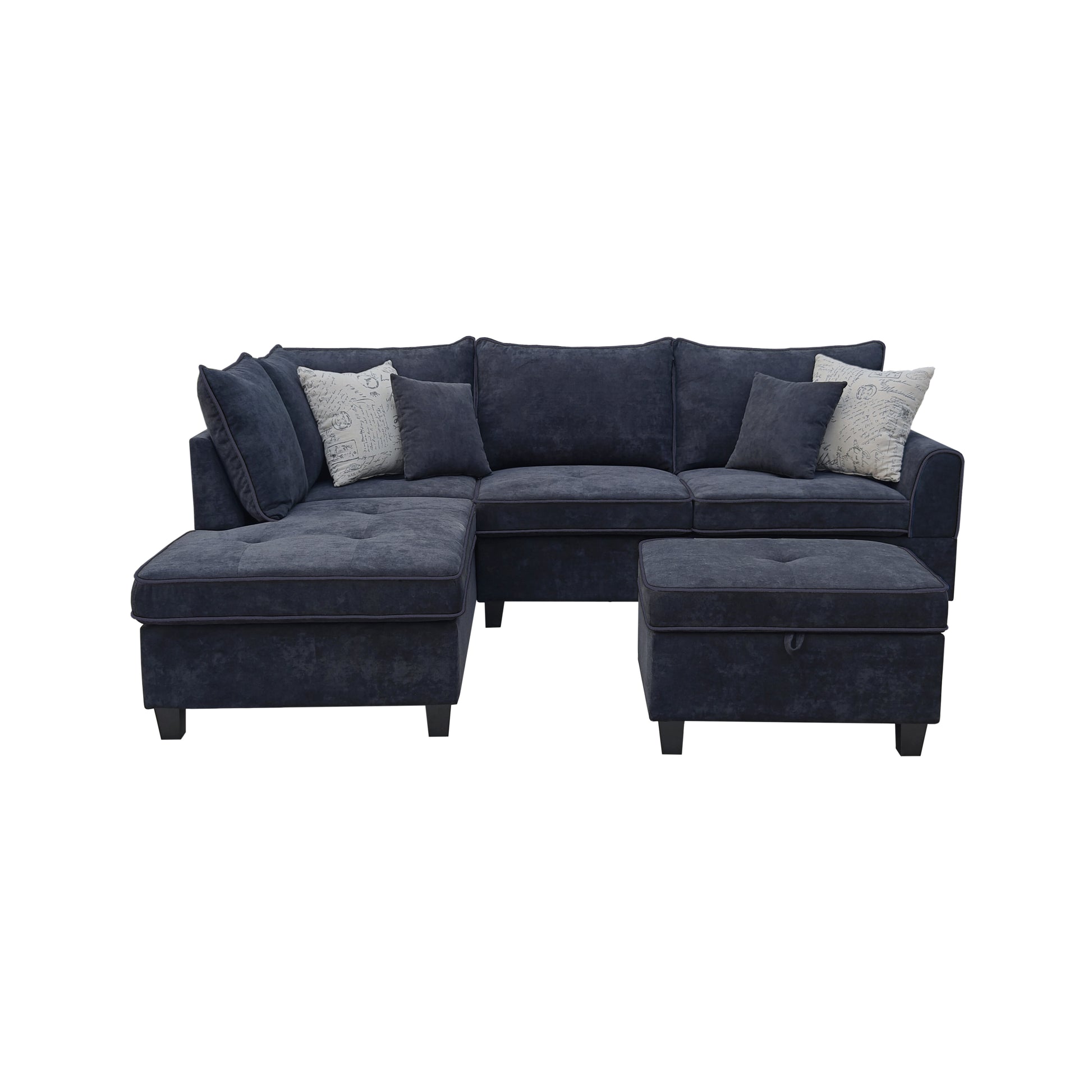 Deep navy sectional sofa with chaise tufted ottoman and decorative pillows