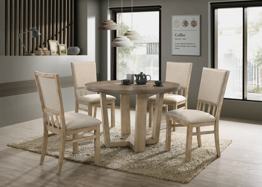 Round dining table with four upholstered chairs in natural wood finish for a modern dining room