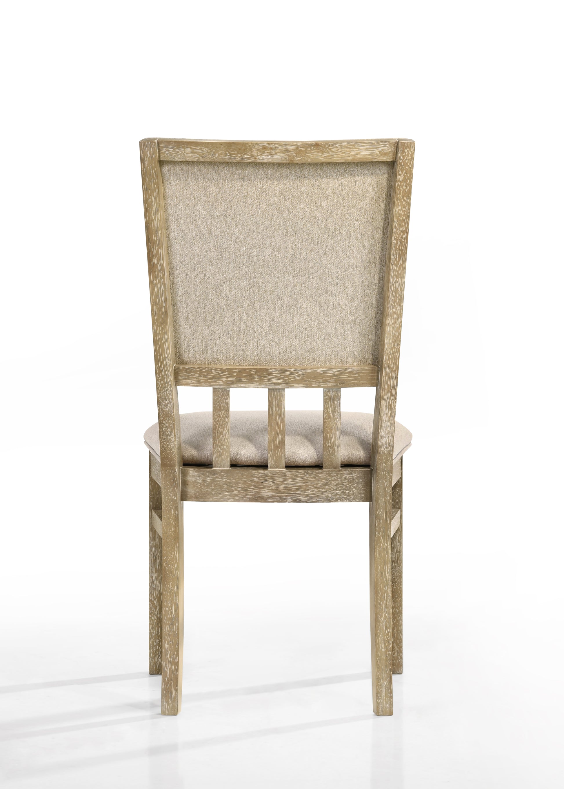 Back view of a rustic oak dining chair with a beige upholstered seat and spindle back