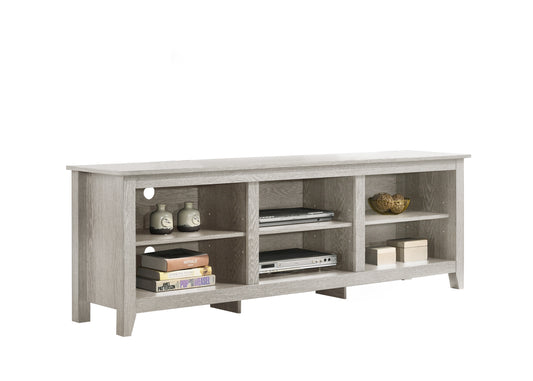 Modern grey wood TV stand with open shelving for media consoles