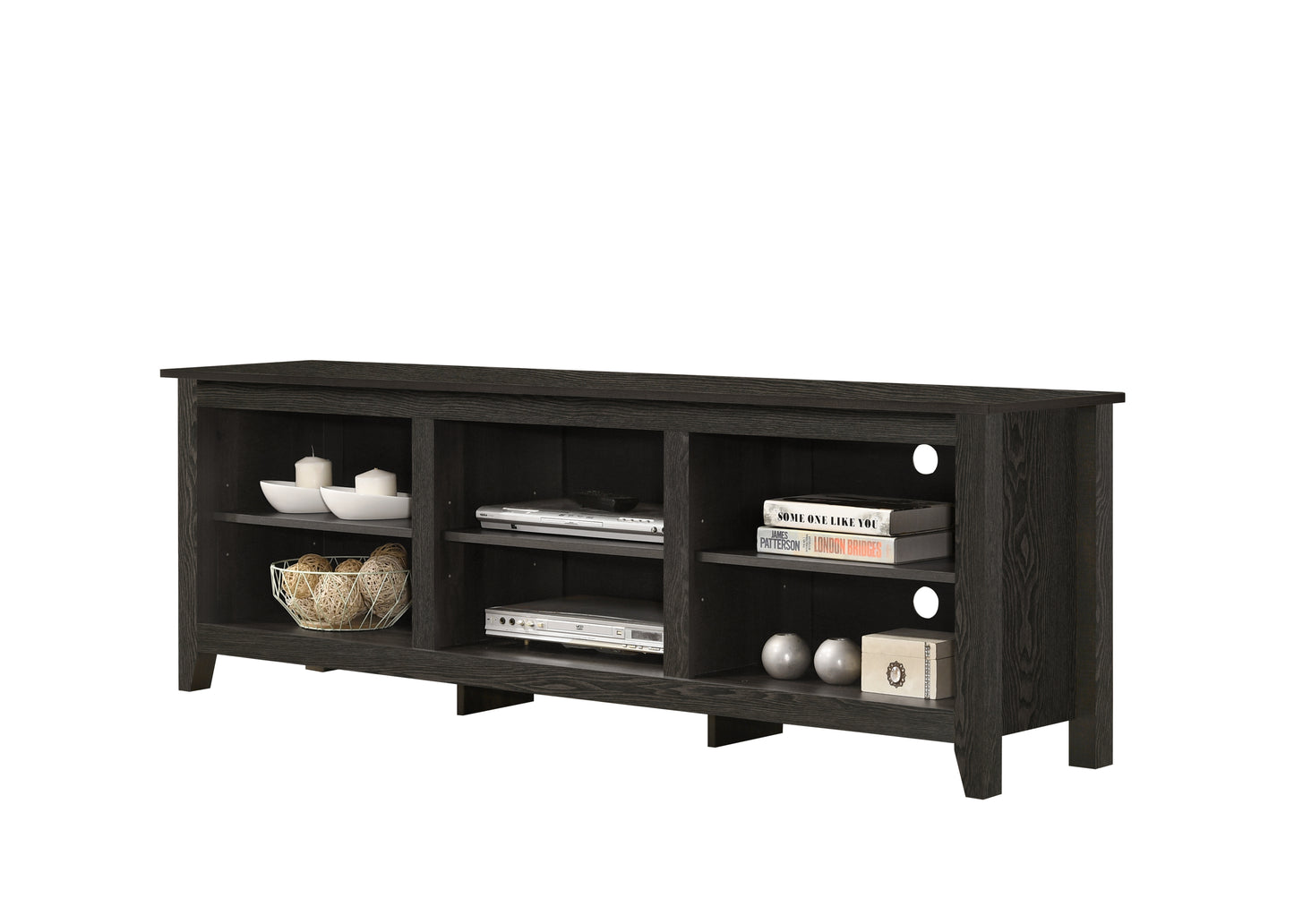 Dark oak media console with open shelving perfect for media storage and display