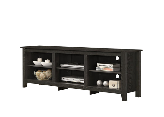 Dark oak media console with open shelving perfect for media storage and display