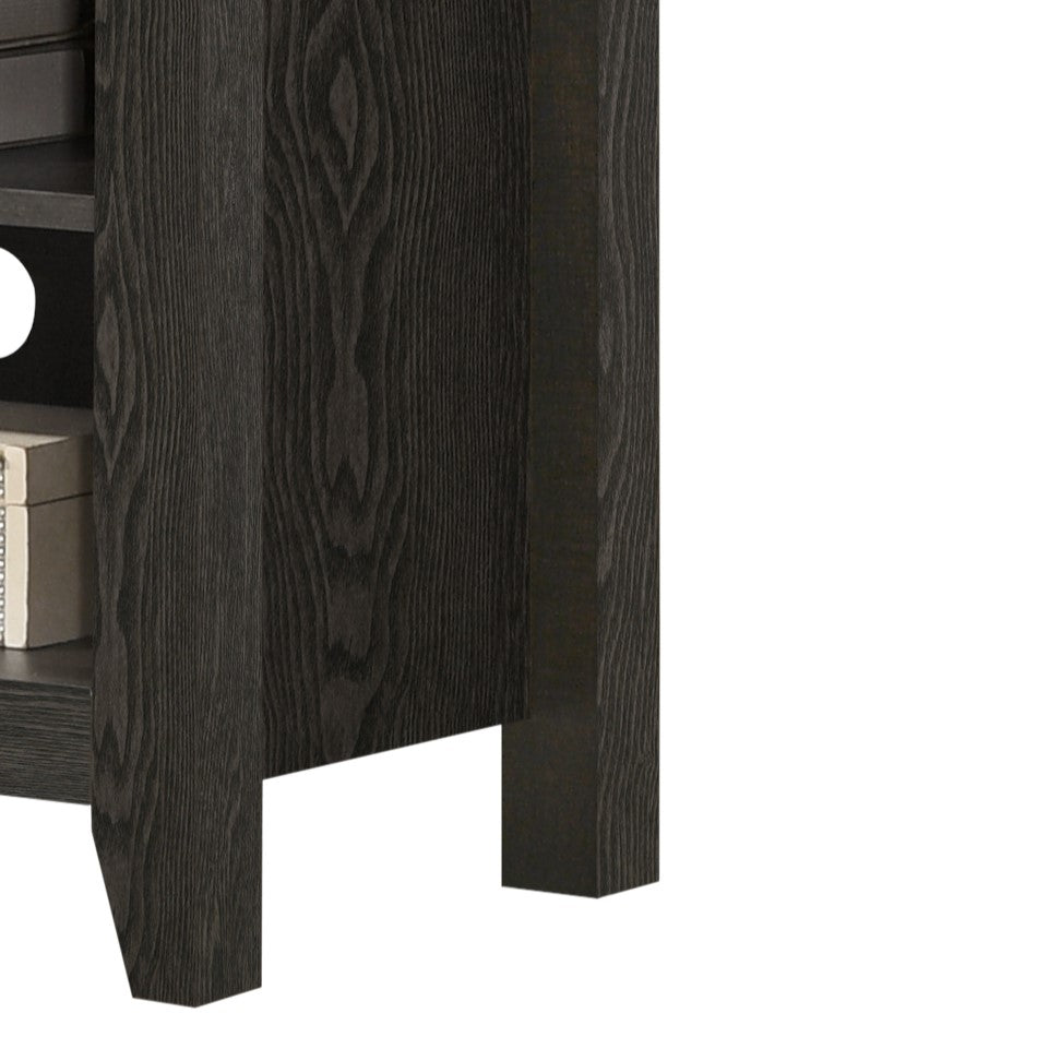 Dark gray wood grain TV stand base with sturdy legs
