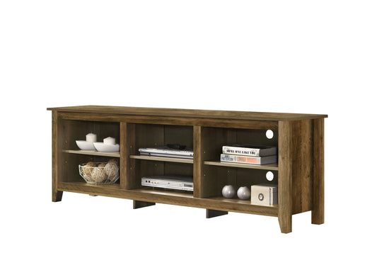 Rustic brown media console with open shelving and cable management holes