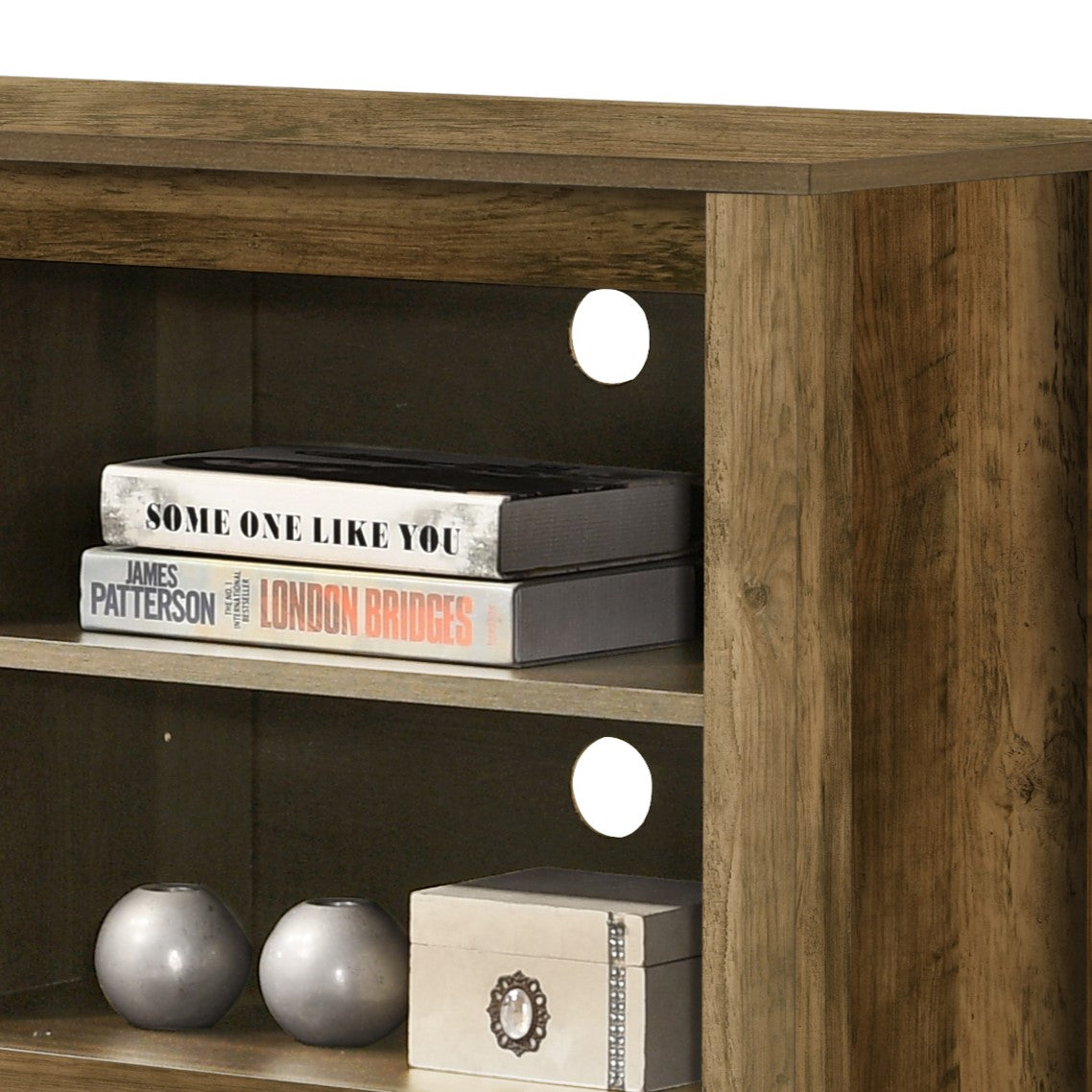 Rustic brown wood media console with two shelves and cable management holes