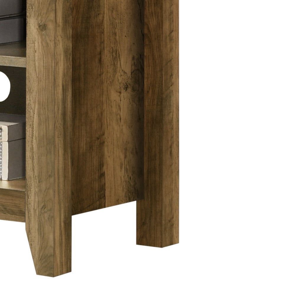 Rustic oak wood finish cabinet with visible grain texture and sturdy legs