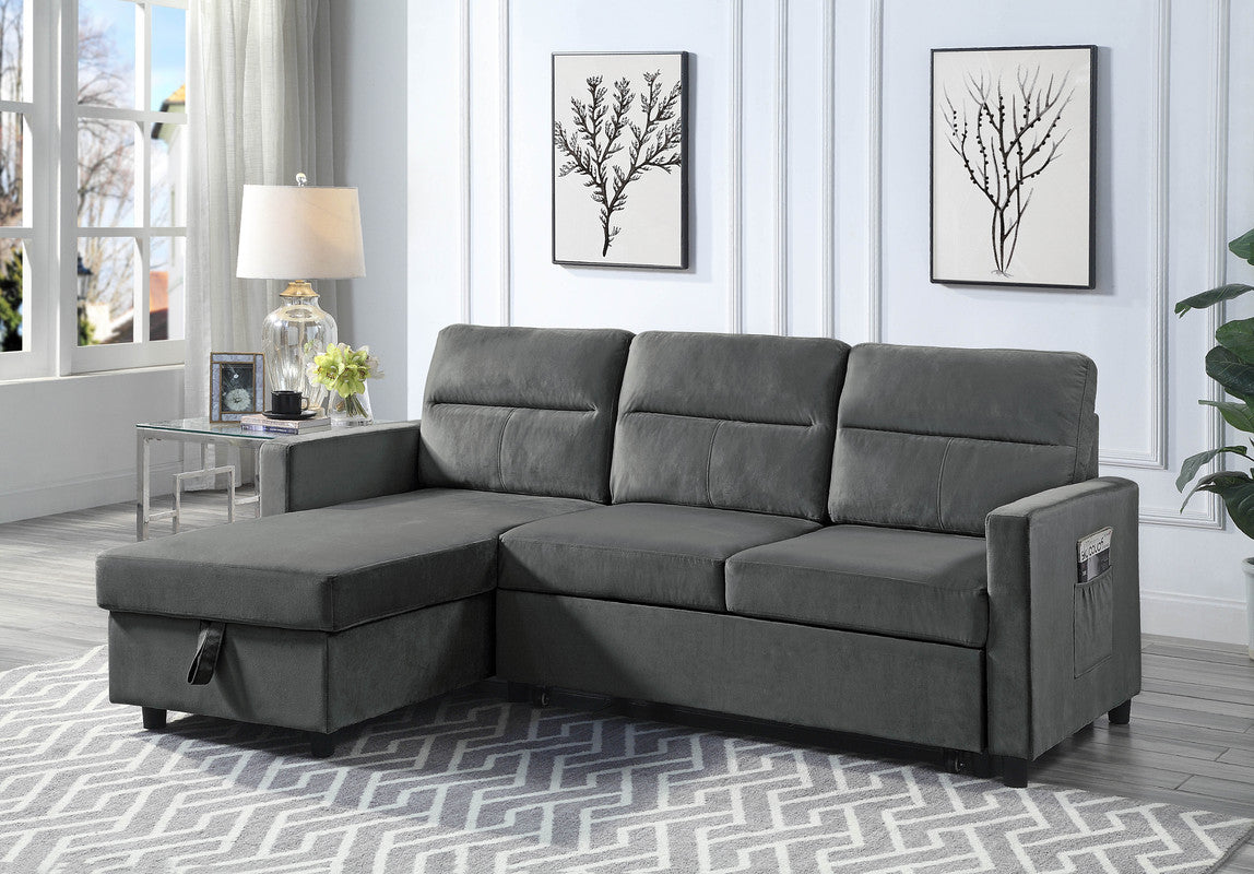 Dark gray velvet sectional sofa with chaise lounge and side pocket modern style