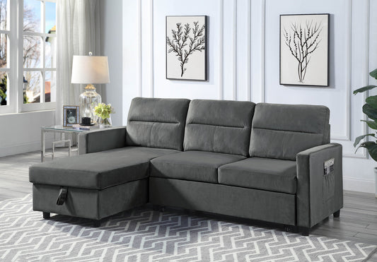 Dark gray velvet sectional sofa with chaise lounge and side pocket modern style