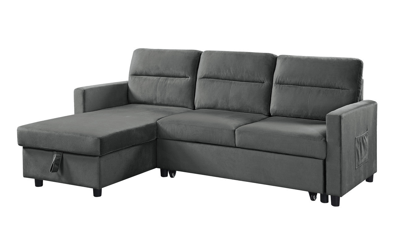 Charcoal gray velvet sectional sofa with chaise and hidden storage compartment