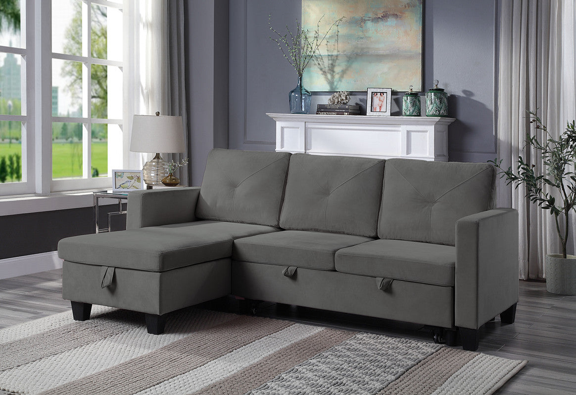 Gray velvet sectional sofa with chaise and storage ideal for modern living rooms