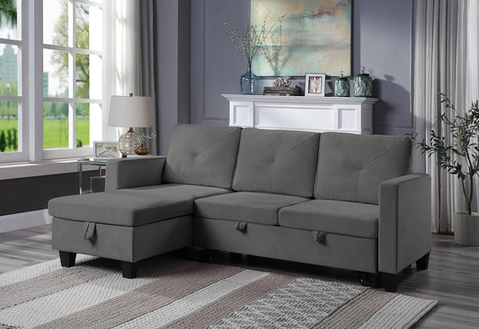 Gray velvet sectional sofa with chaise and storage ideal for modern living rooms